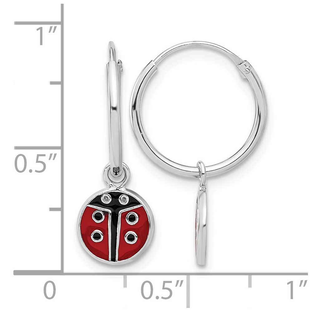 Sterling Silver Rh-plated Enamel Ladybug Dangle Eternity Hoop Earrings (QE17618)