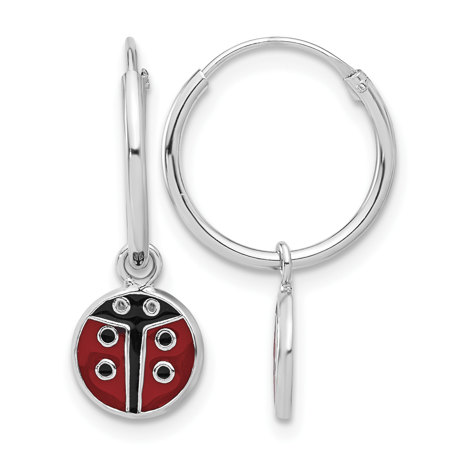 Sterling Silver Rh-plated Enamel Ladybug Dangle Eternity Hoop Earrings (QE17618)
