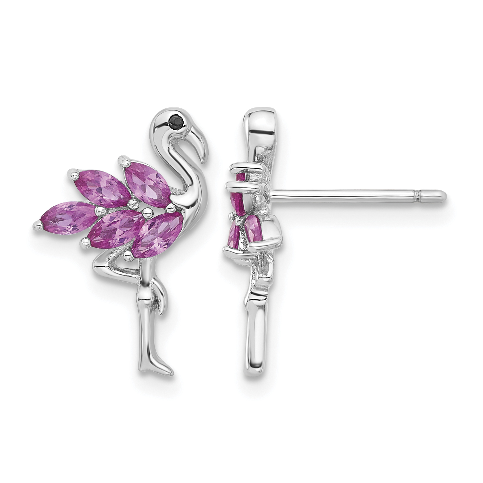 Sterling Silver Rhodium-plated Polished Pink Crystal Flamingo Post Earrings (QE17620)