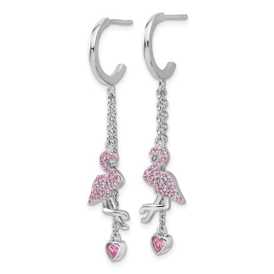 Sterling Silver Rhodium-plated Pink CZ Flamingo Heart Post Hoop Earrings