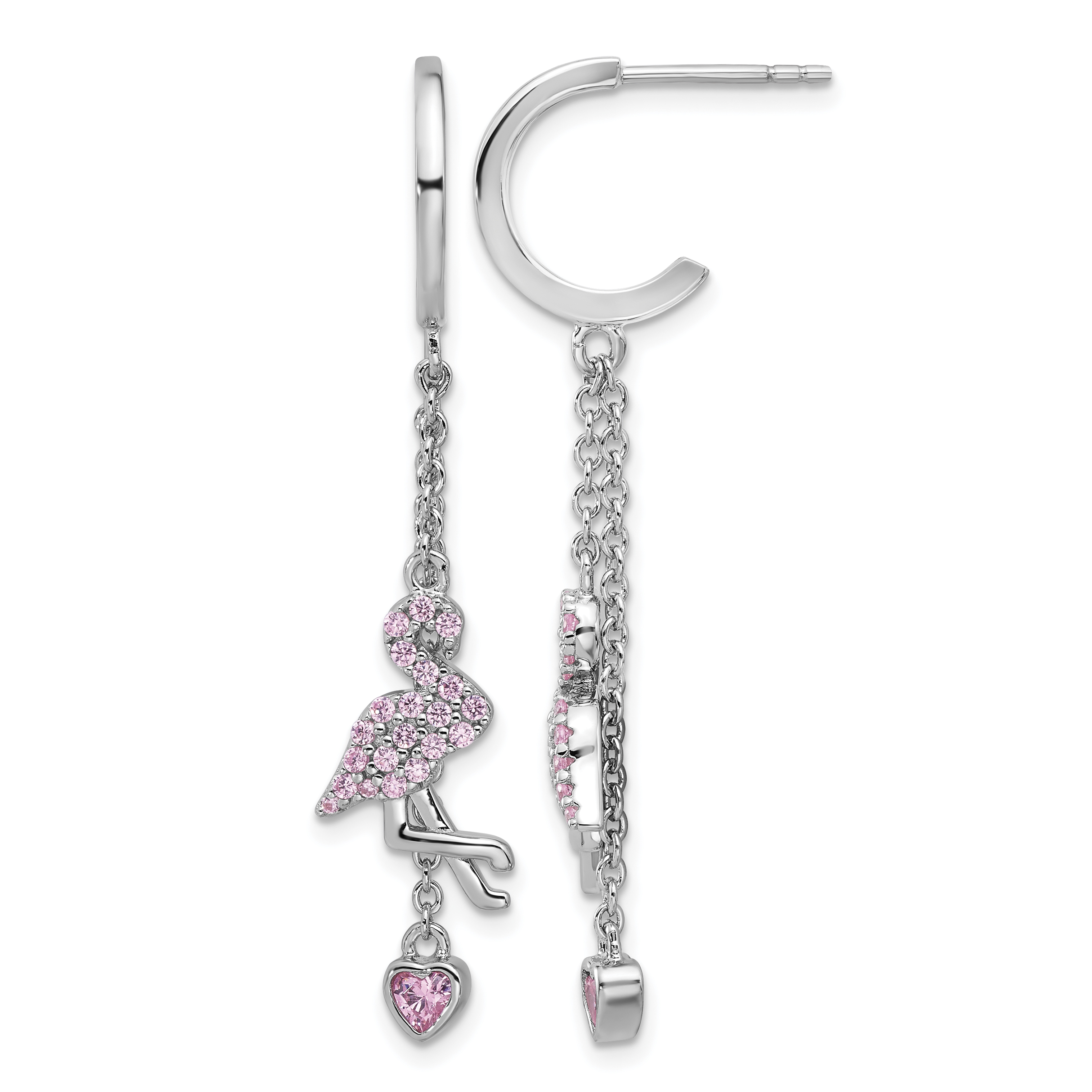 Sterling Silver Rhodium-plated Pink CZ Flamingo Heart Post Hoop Earrings (QE17621)