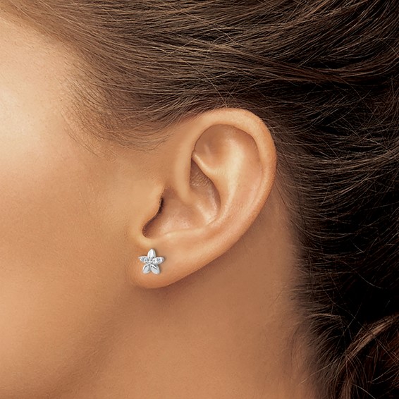 Sterling Silver Rhodium-plated CZ Flower Post Earrings