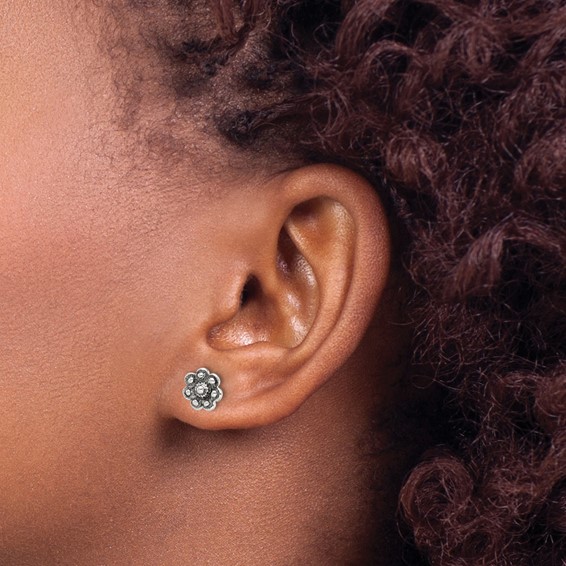 Sterling Silver Oxidized Flower Post Earrings