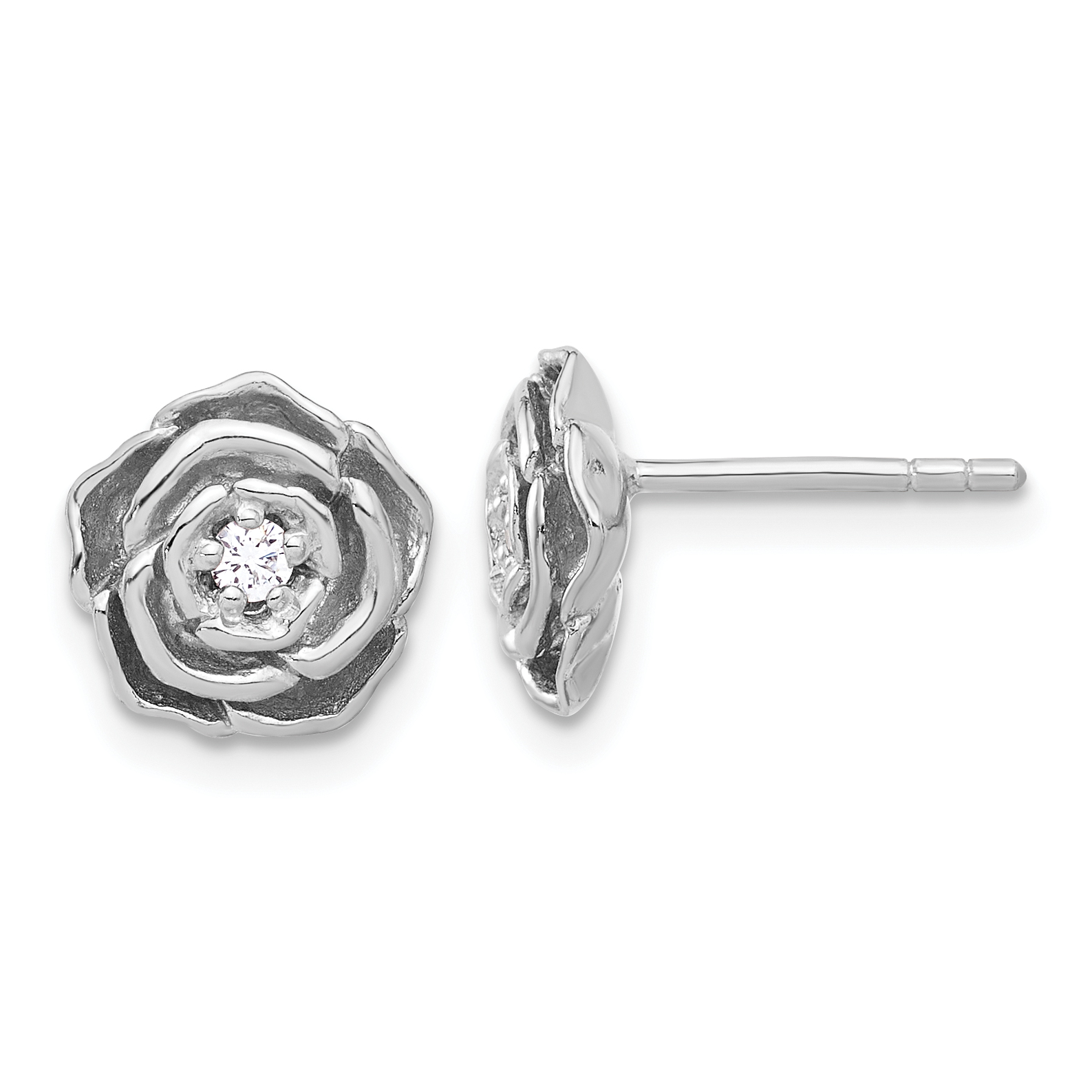 Sterling Silver Rhodium-plated CZ Flower Post Earrings (QE17628)
