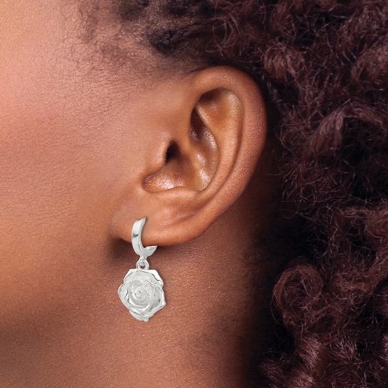 Sterling Silver Rose Dangle Hinged Hoop Earrings