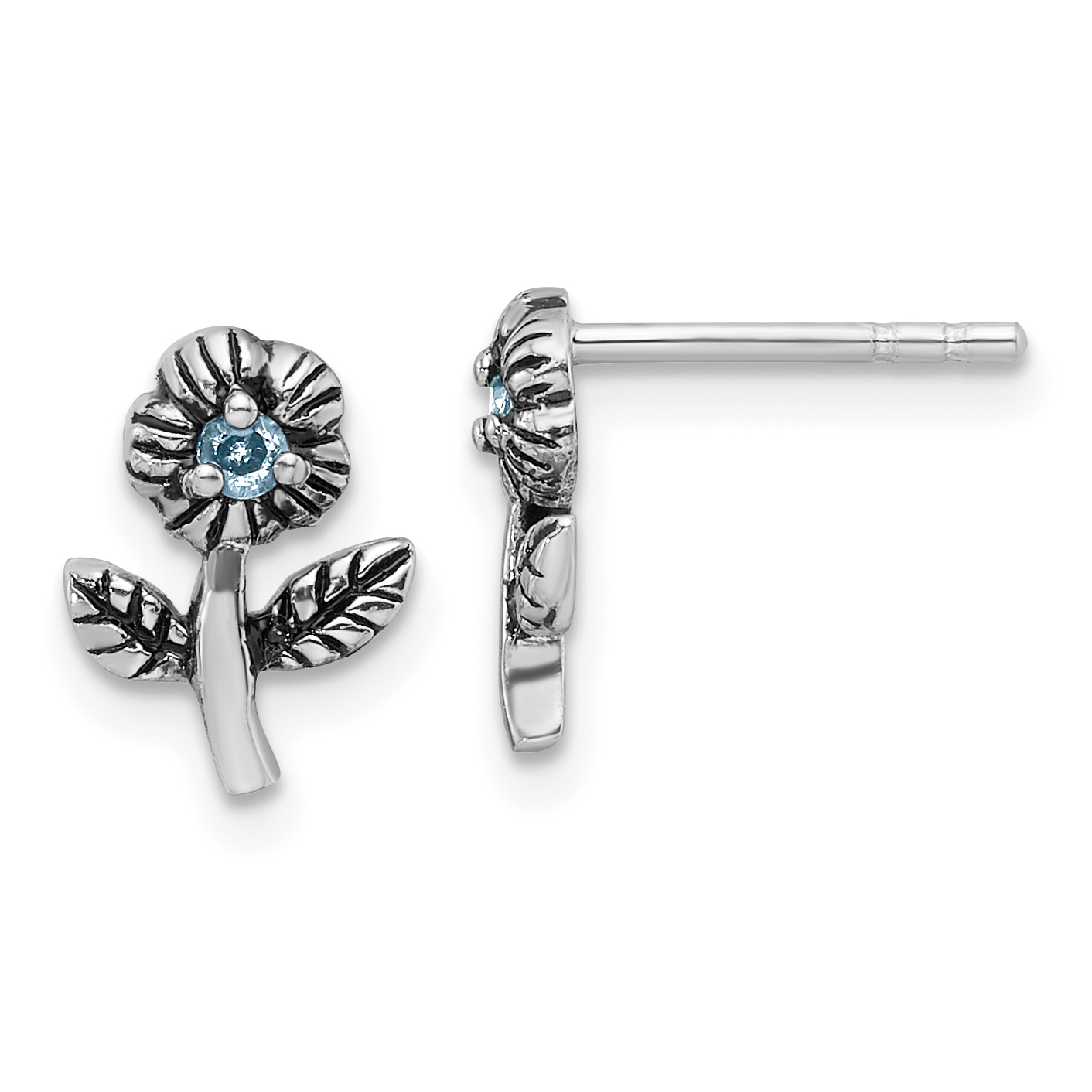 Sterling Silver Rhodium-plated Antiqued w/Blue CZ Flower Post Earrings (QE17631)