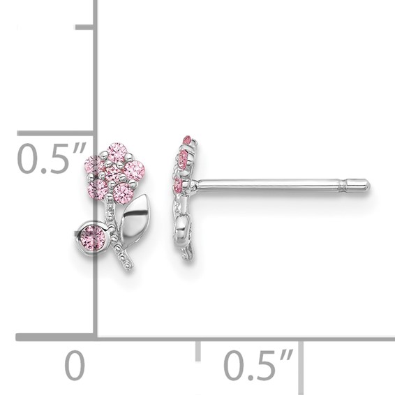 Sterling Silver Rhodium-plated Polished Pink CZ Flower Post Earrings