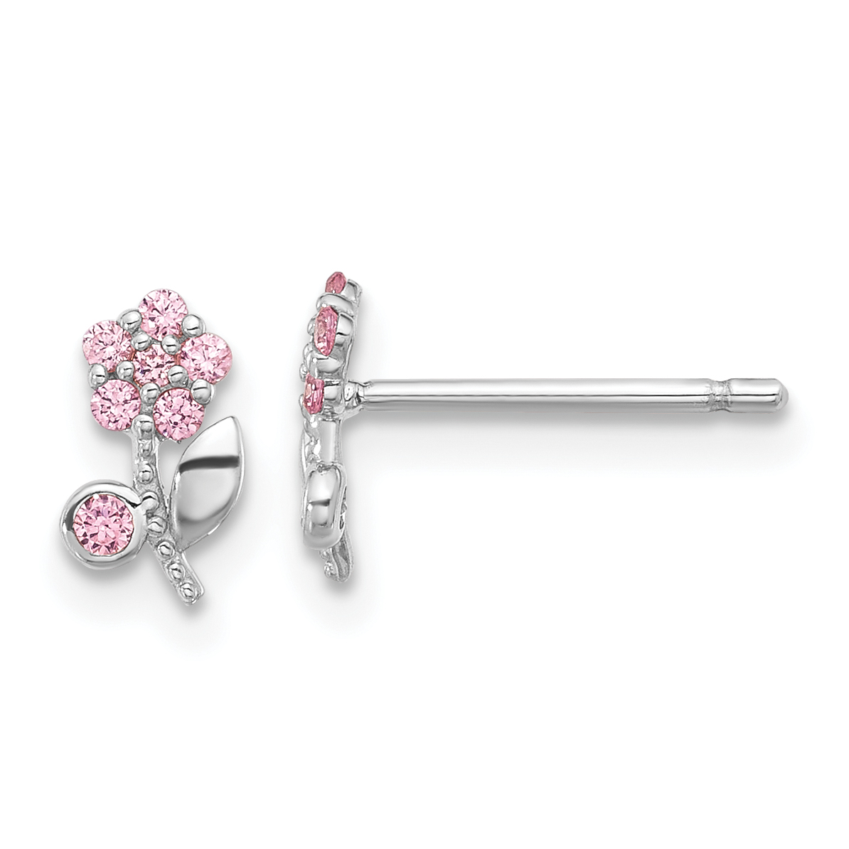 Sterling Silver Rhodium-plated Polished Pink CZ Flower Post Earrings (QE17632)
