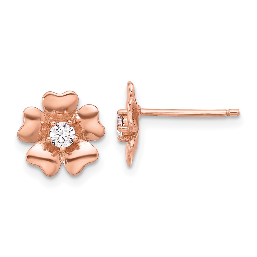 Sterling Silver Rose-tone CZ Flower Post Earrings (QE17633RP)