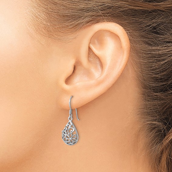 Sterling Silver Rhodium-Plated Polished Domed Filigree Flower Earrings