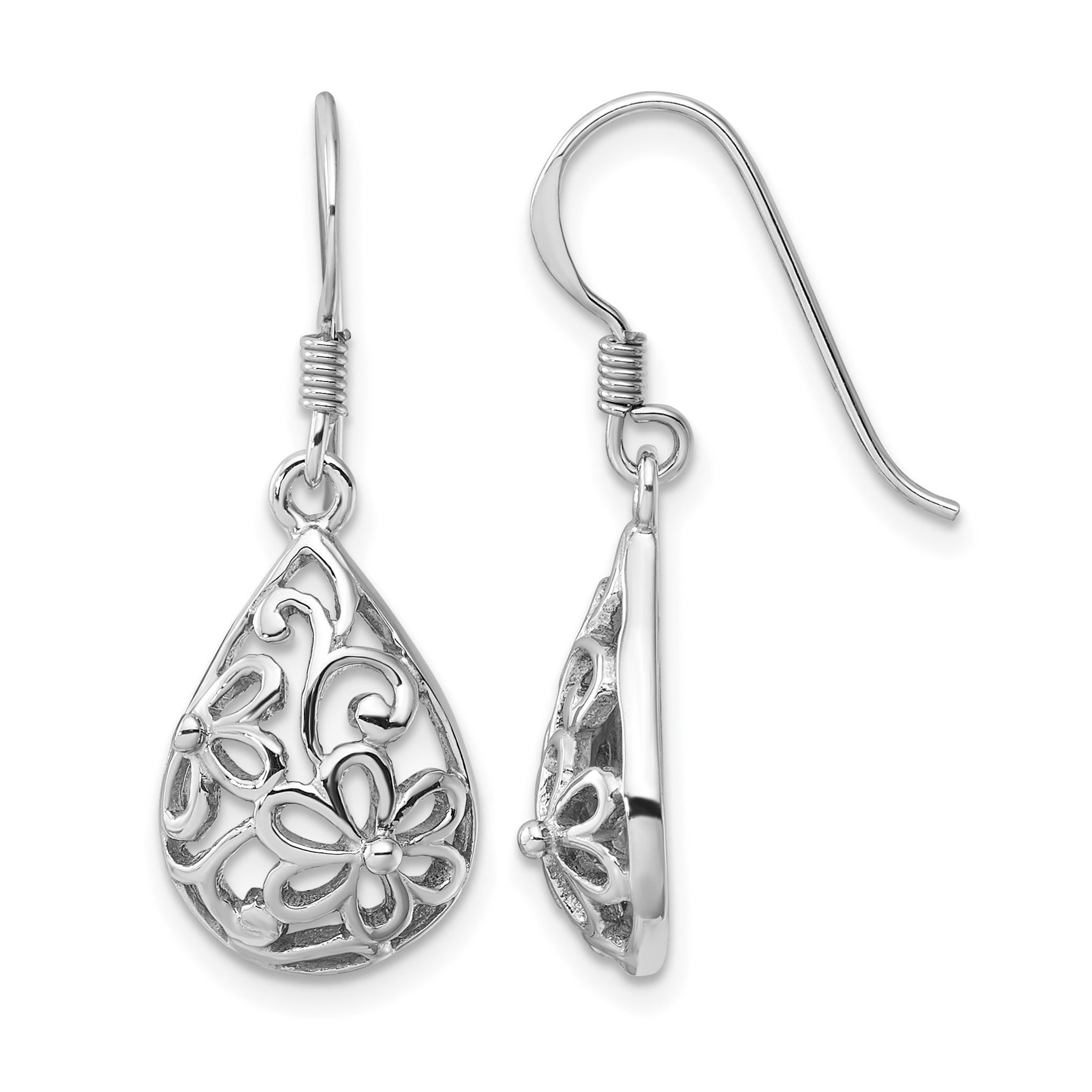 Sterling Silver Rhodium-Plated Polished Domed Filigree Flower Earrings (QE17637)