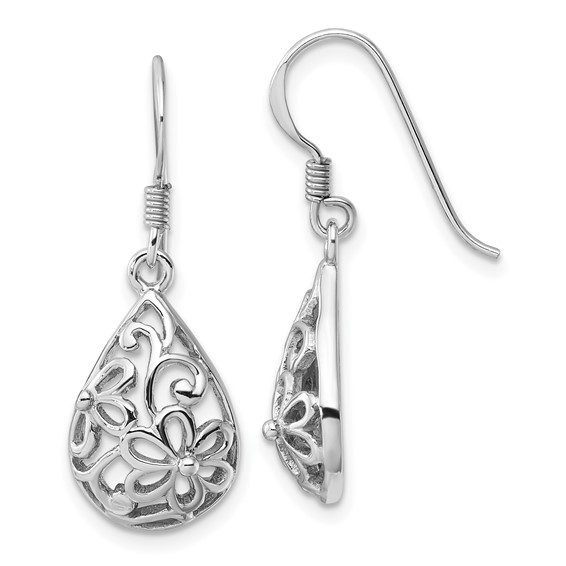 Sterling Silver Rhodium-Plated Polished Domed Filigree Flower Earrings