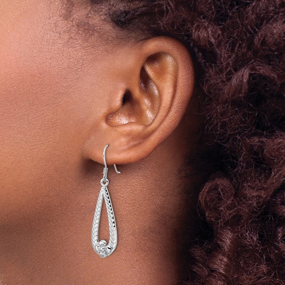 SS Rhod-Plated Polished Textured Teardrop w/Flower Dangle Earrings