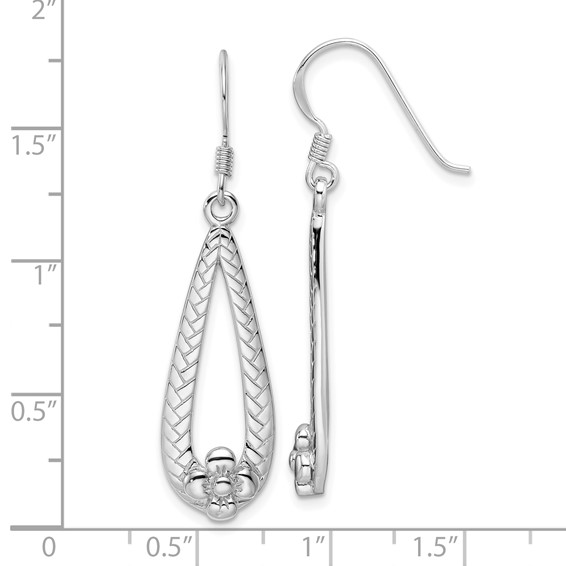 SS Rhod-Plated Polished Textured Teardrop w/Flower Dangle Earrings