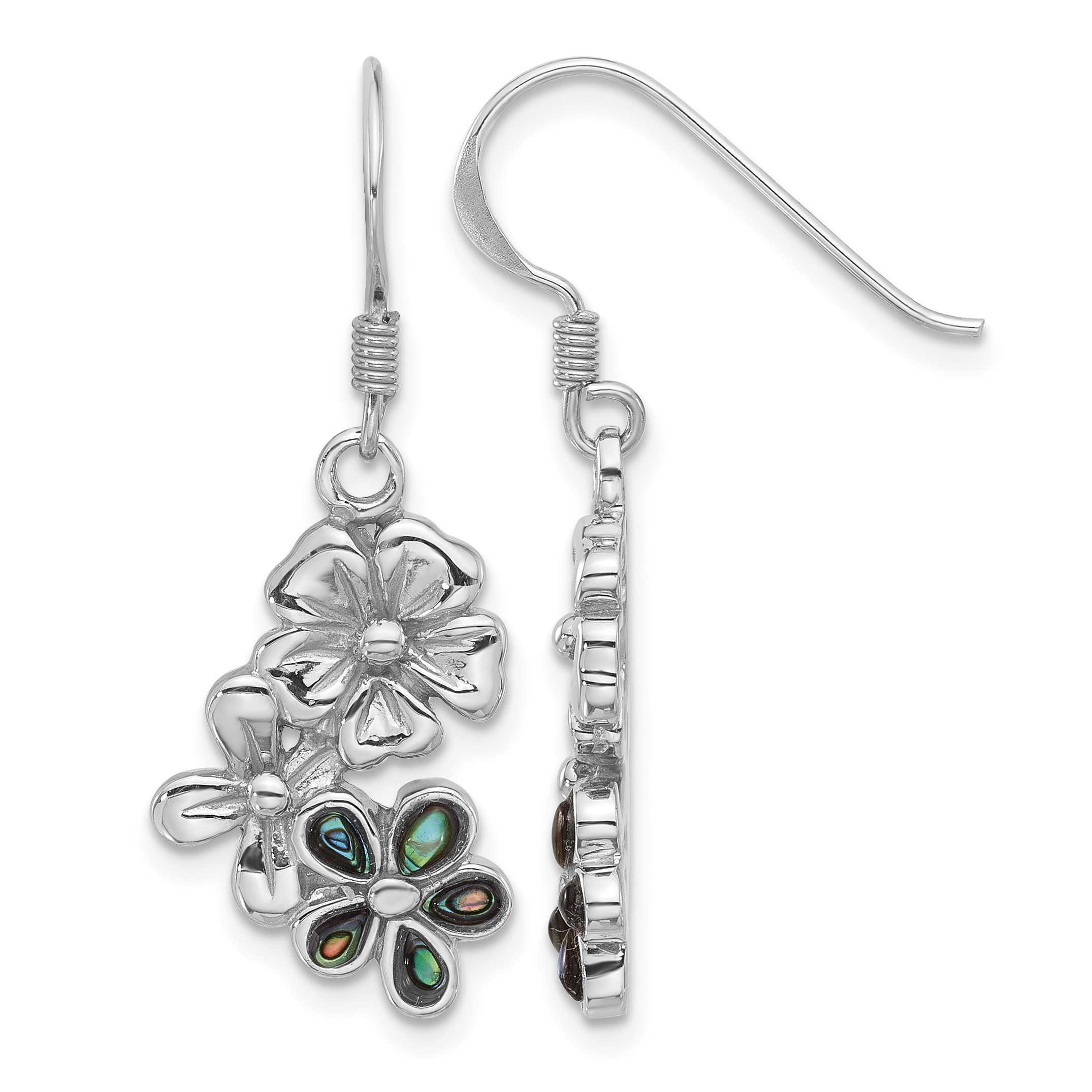 Sterling Silver Rhodium-Plated Polished Abalone Trio Flower Earrings (QE17639)