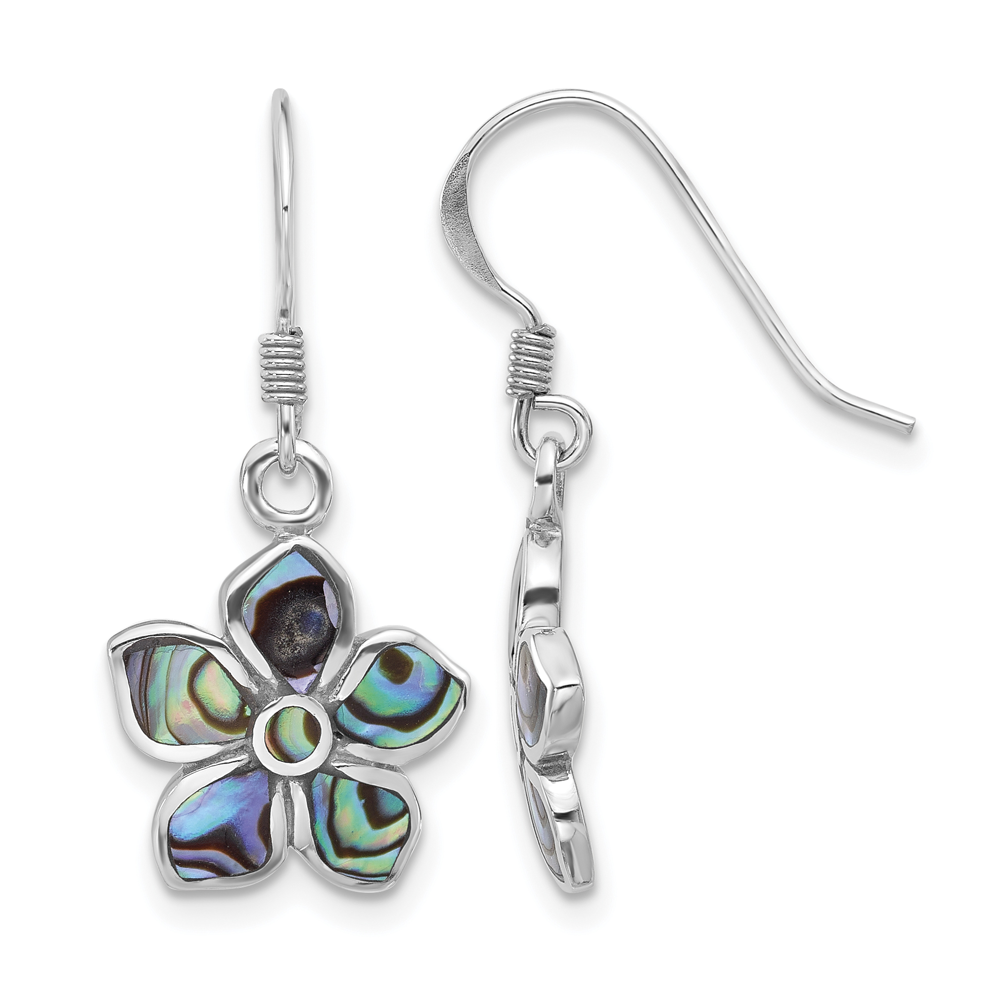 Sterling Silver Rhodium-Plated Polished Abalone Flower Dangle Earrings (QE17640)