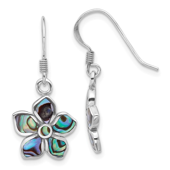 Sterling Silver Rhodium-Plated Polished Abalone Flower Dangle Earrings