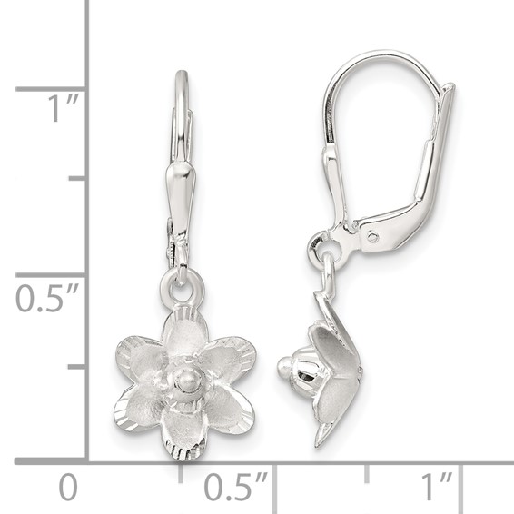 Sterling Silver Satin Polished and D/C Floral Leverback Earrings