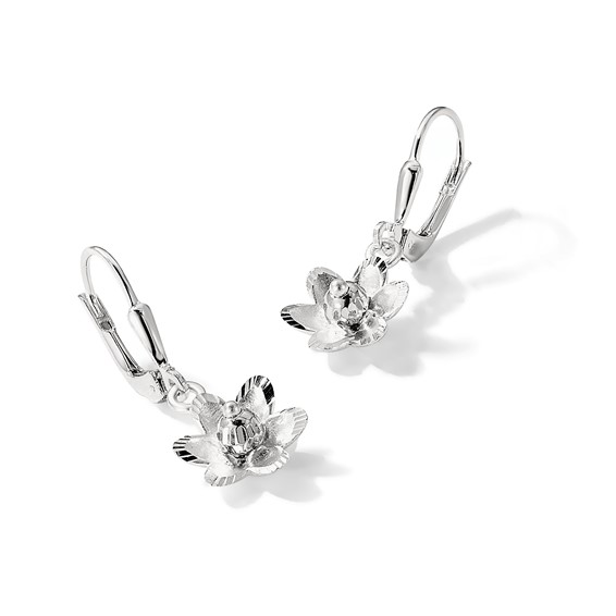 Sterling Silver Satin Polished and D/C Floral Leverback Earrings