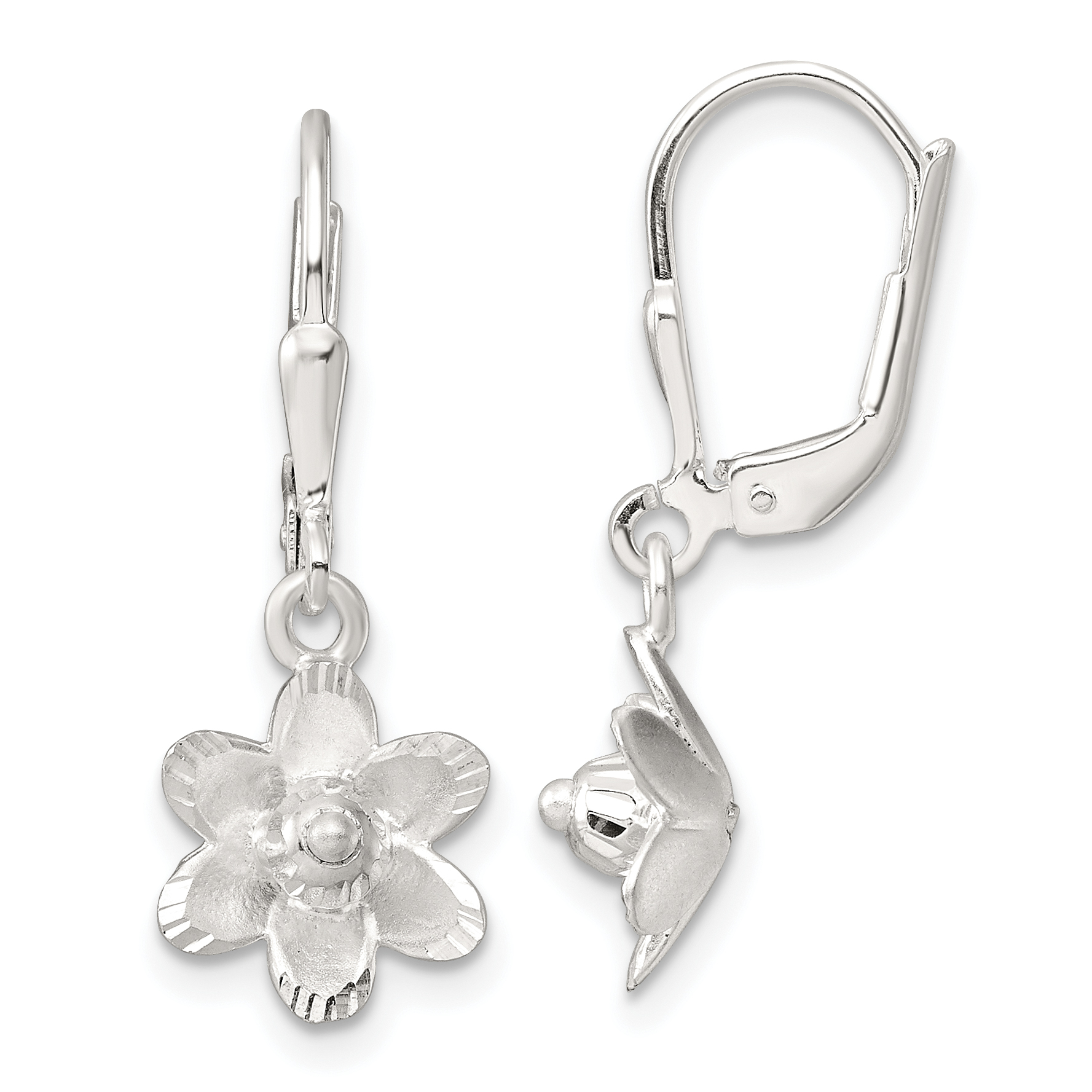 Sterling Silver Satin Polished and D/C Floral Leverback Earrings (QE17642)