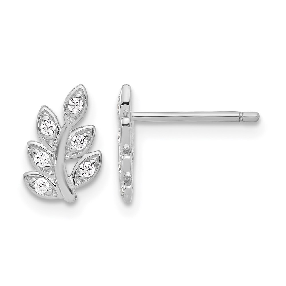 Sterling Silver Rhodium-plated CZ Leaf Post Earrings (QE17644)