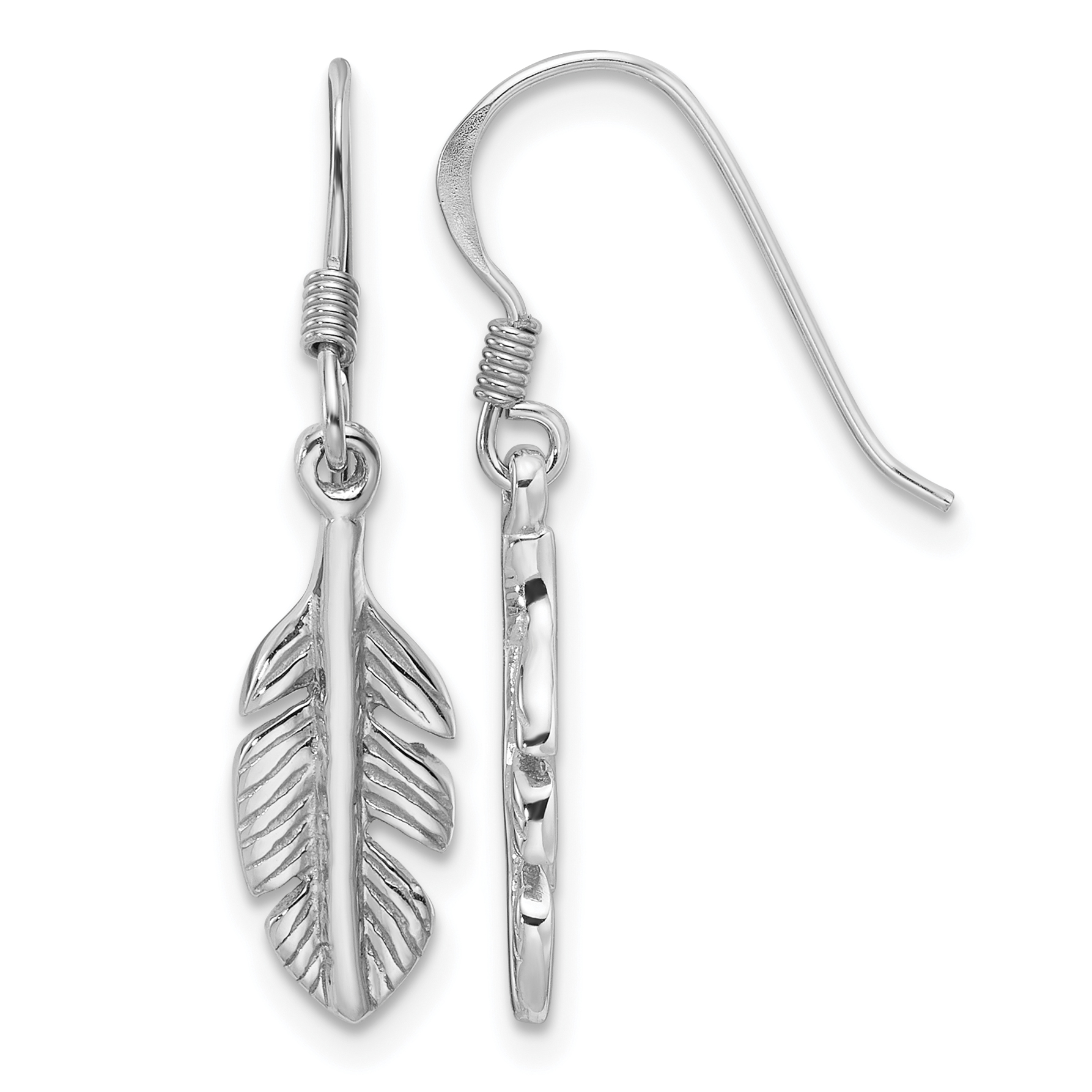 Sterling Silver Rhodium-Plated Polished Feather Dangle Earrings (QE17647)