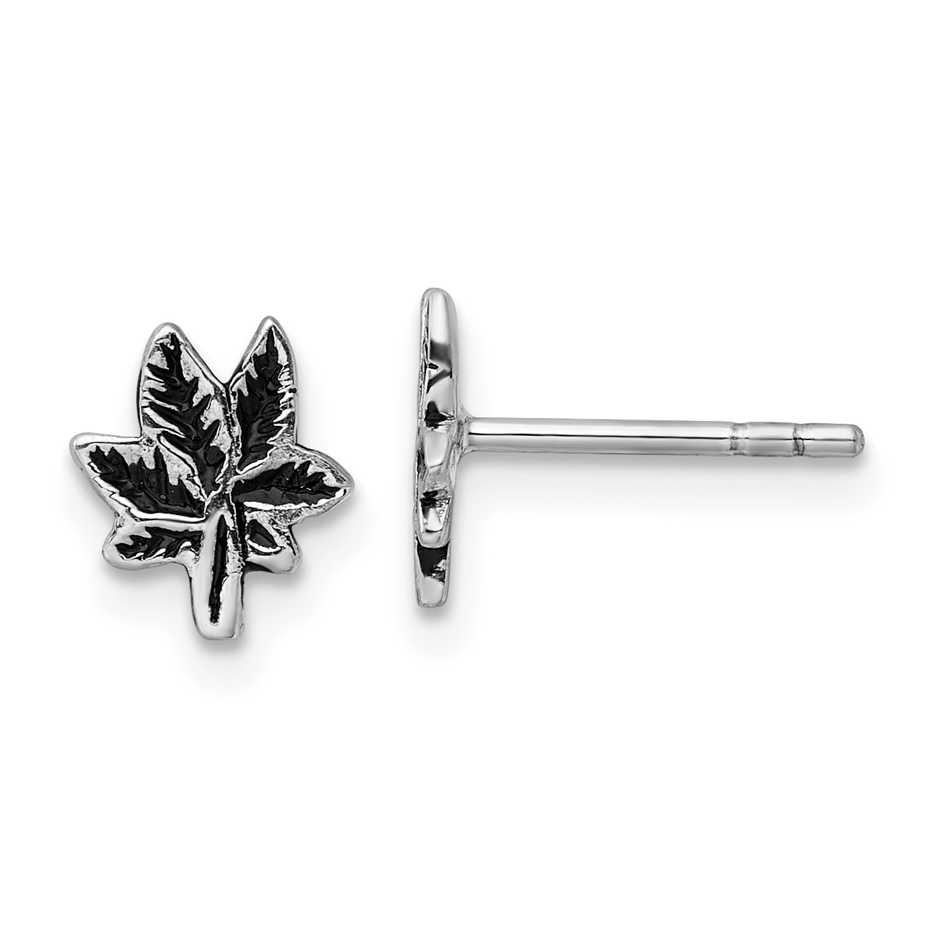 Sterling Silver Rhodium-plated Antiqued Leaf Post Earrings (QE17650)