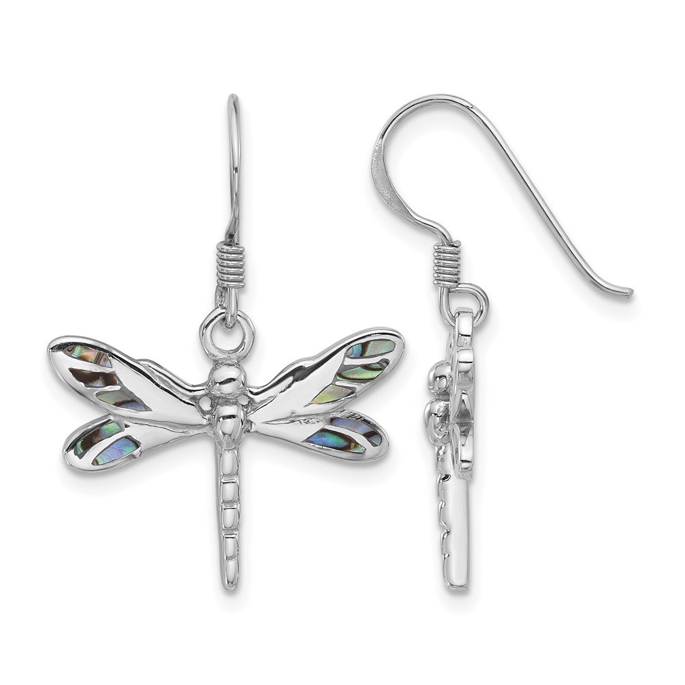 Sterling Silver Rhodium-Plated Polished Abalone Dragonfly Earrings (QE17654)