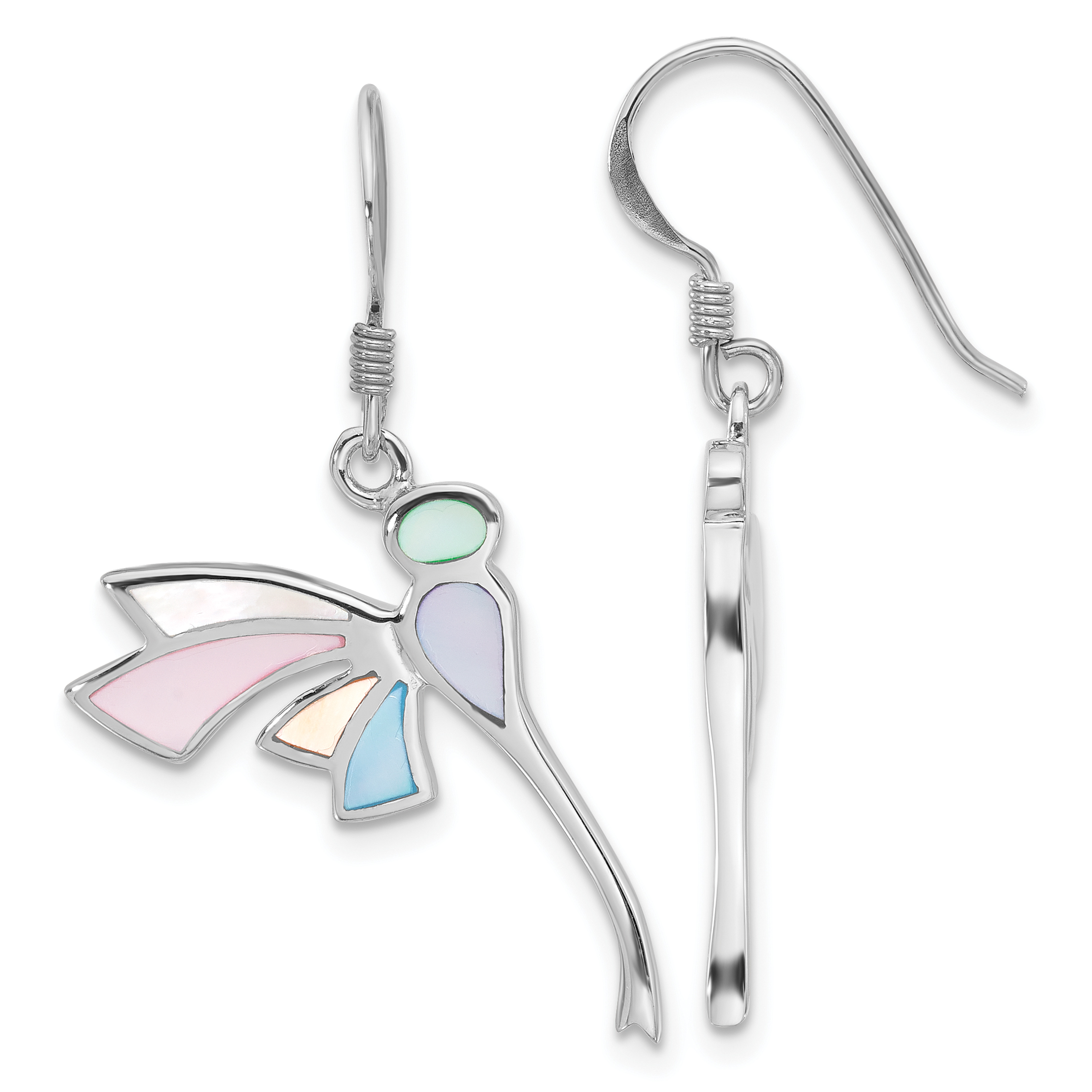 SS Rhod-Plated Polished Multi-Color Dragonfly Mother of Pearl Earrings (QE17655)