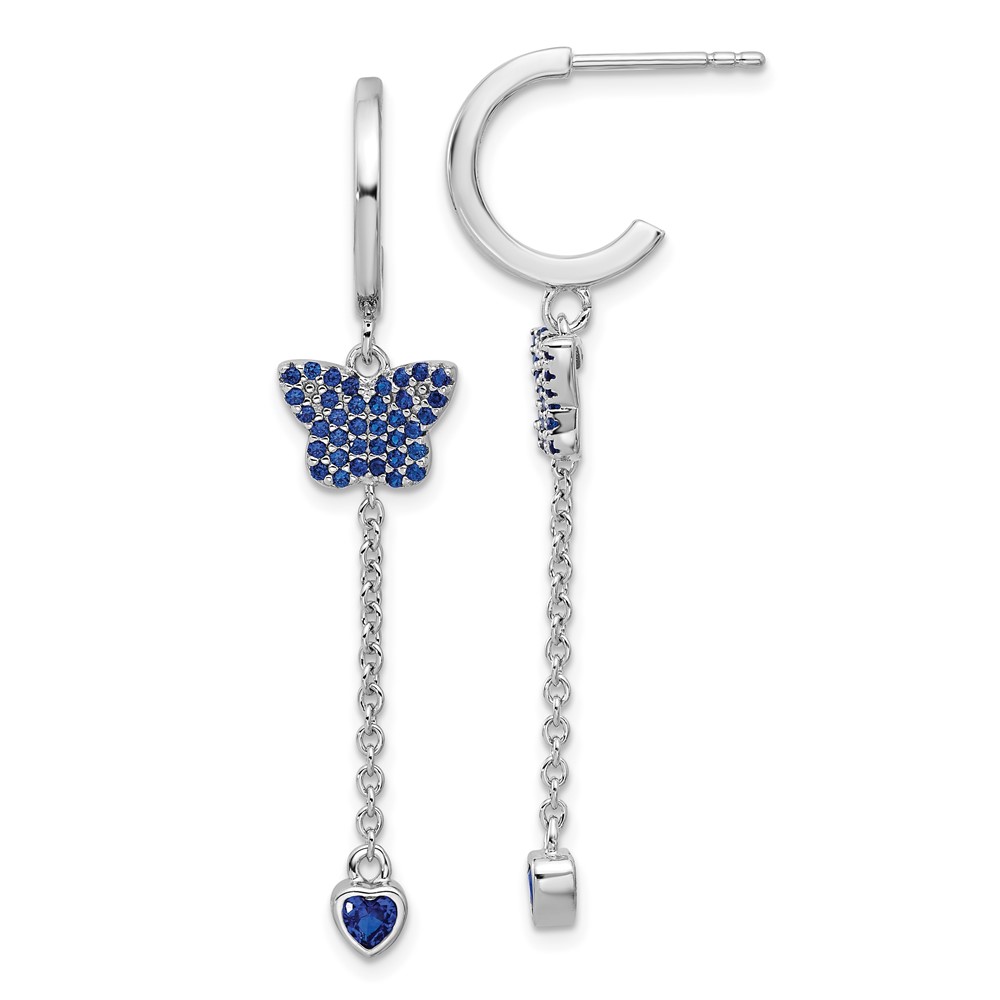 True Fire Sterling Silver Rhod-plated Blue CZ Butterfly Heart Post Hoop Ear (QE17658)