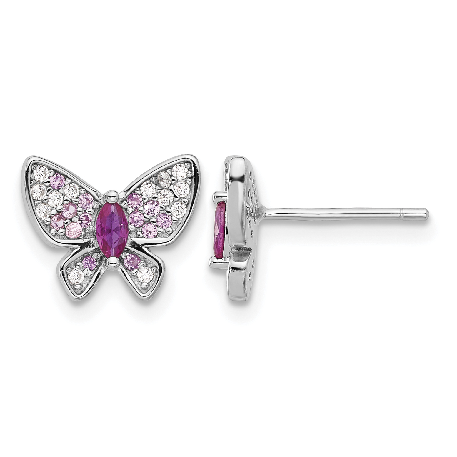 Sterling Silver Rhodium-plated Pink and White CZ Butterfly Post Earrings (QE17660)
