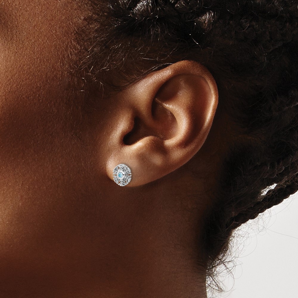 Sterling Silver Rhodium-plated Aqua CZ Snowflake Post Earrings (QE17673)