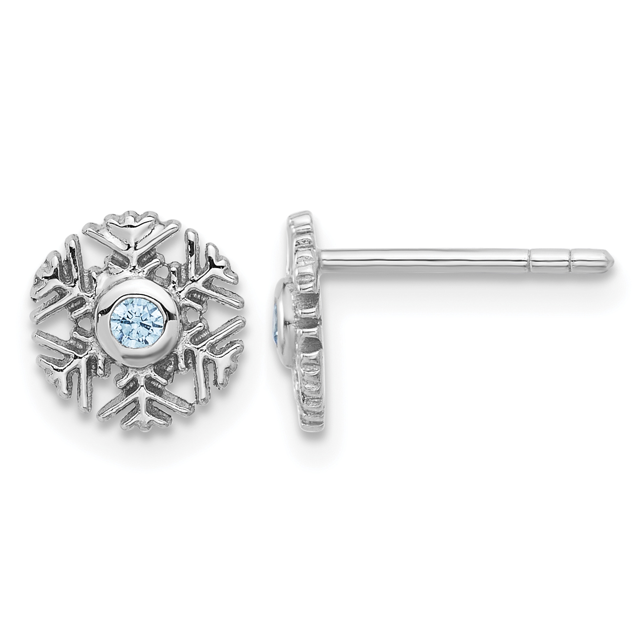 Sterling Silver Rhodium-plated Aqua CZ Snowflake Post Earrings (QE17673)