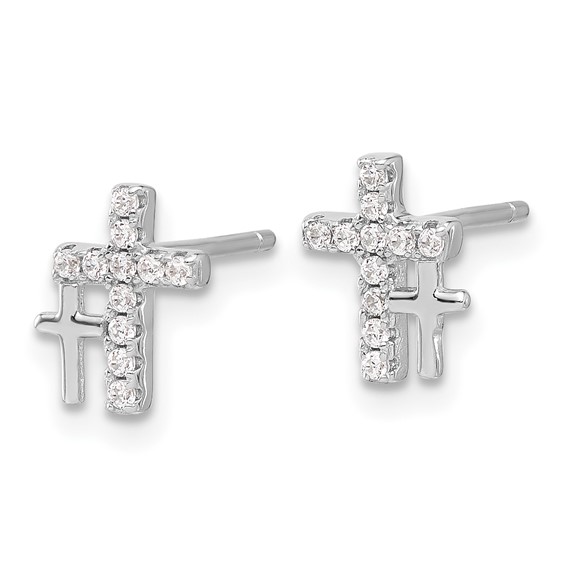 Sterling Silver Rhodium-plated Polished CZ Double Cross Post Earrings
