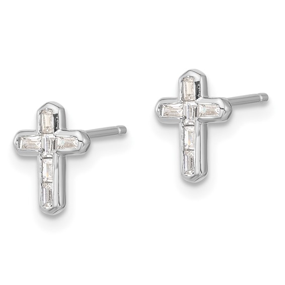 Sterling Silver Rhodium-plated Polished CZ Cross Post Earrings