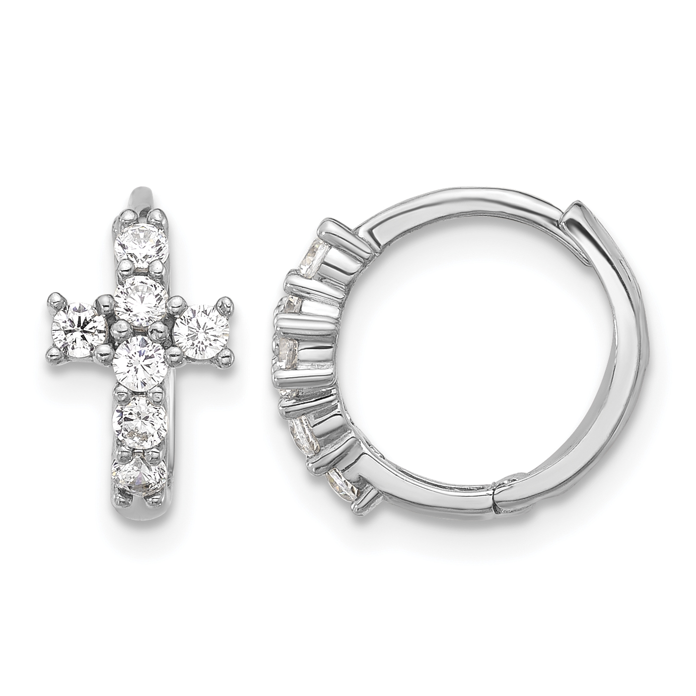 Sterling Silver RH-plated Polished CZ Cross Hinged Round Hoop Earrings (QE17683)