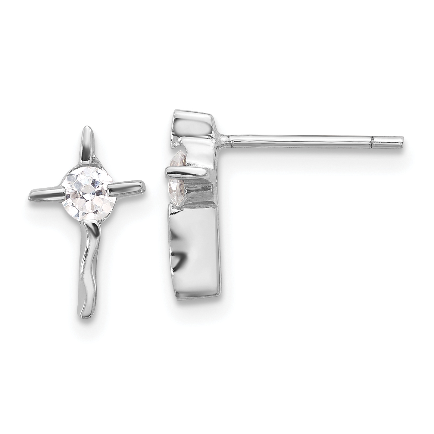 Sterling Silver Rhodium-plated Polished CZ Wavy Cross Post Earrings (QE17686)