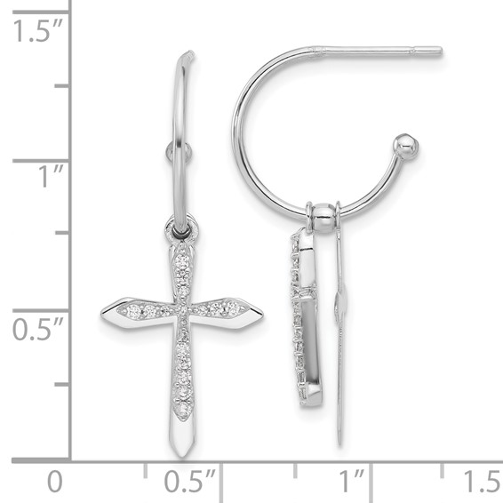Sterling Silver Polished CZ Cross Dangle Post C-Hoop Earrings