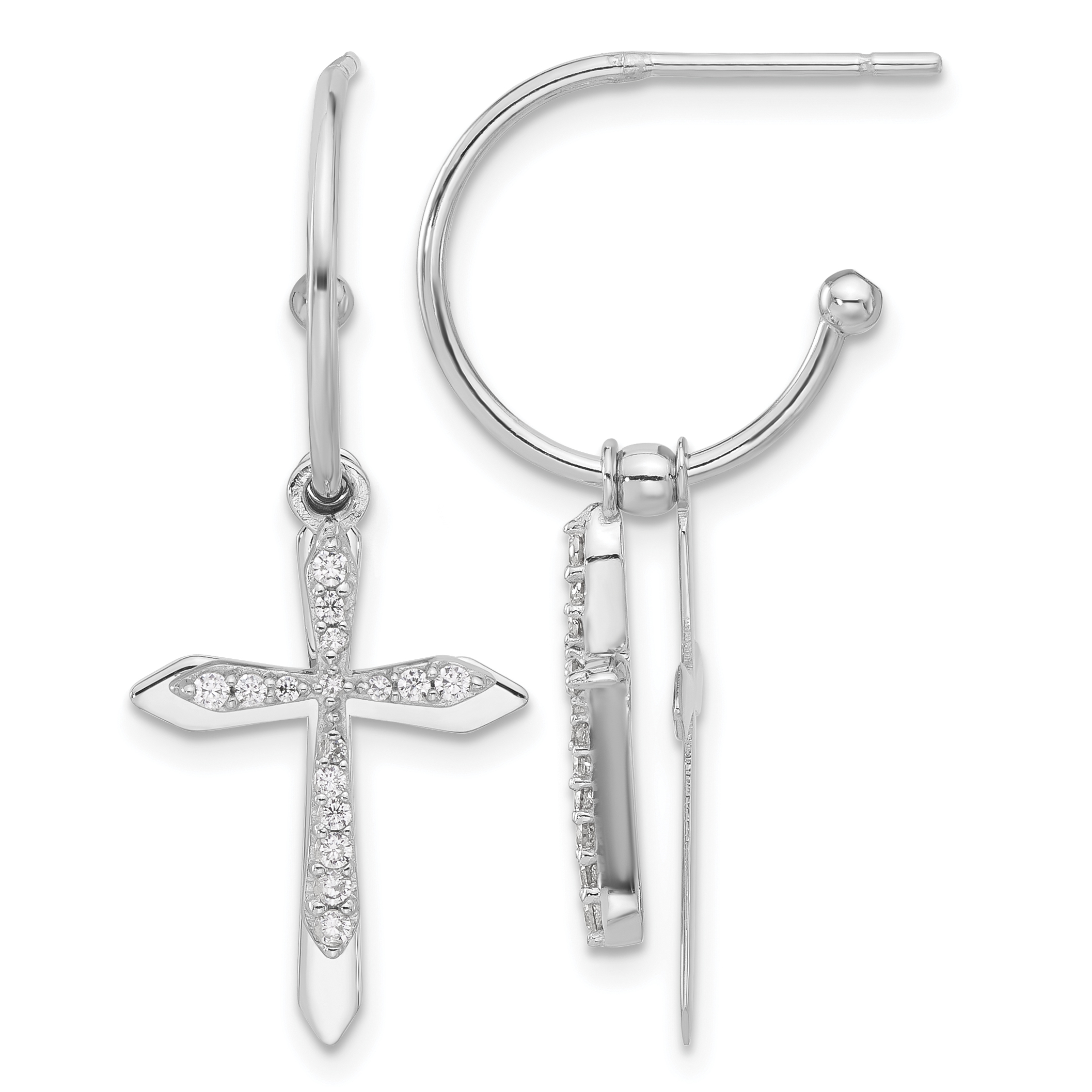 Sterling Silver Polished CZ Cross Dangle Post C-Hoop Earrings (QE17687)