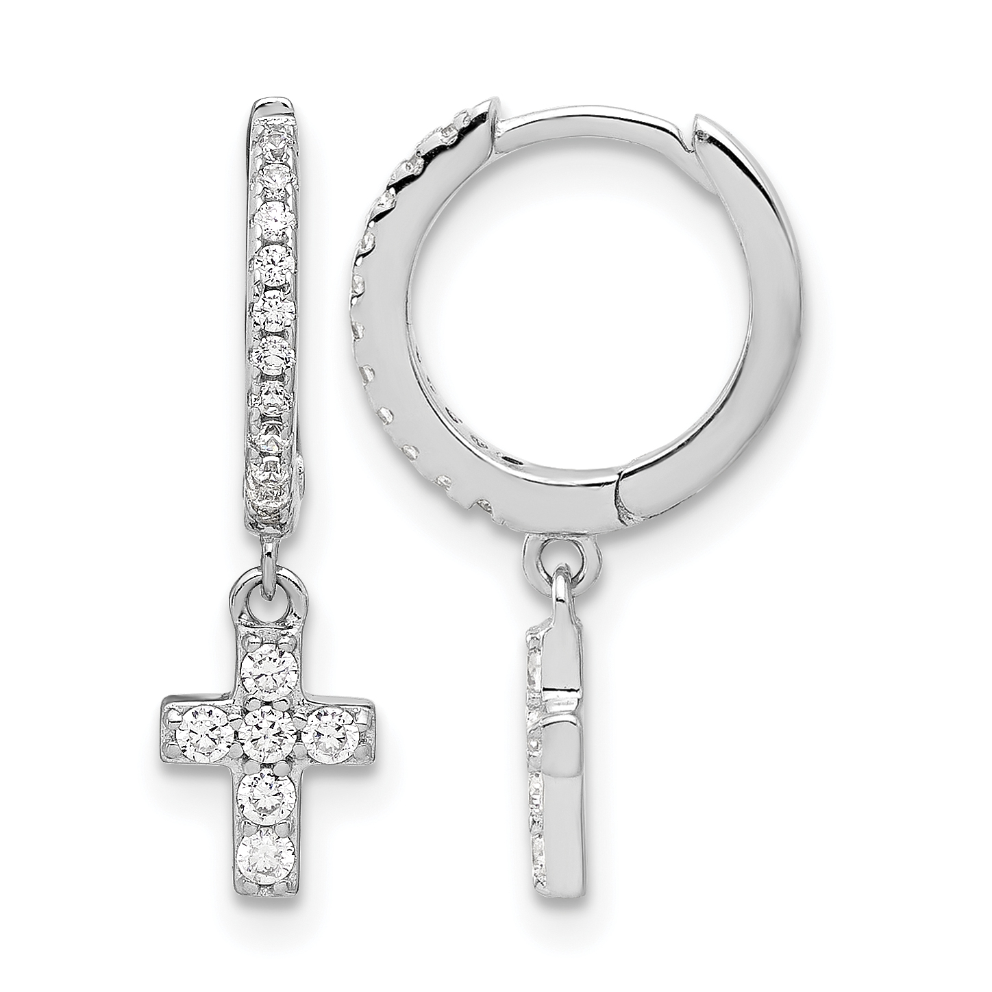 Sterling Silver RH-plated Polished CZ Cross Dangle Round Hoop Earrings (QE17688)