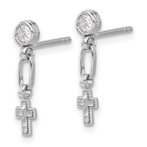 Sterling Silver RH-plated Polished & Textured CZ Cross Post Dangle Earrings