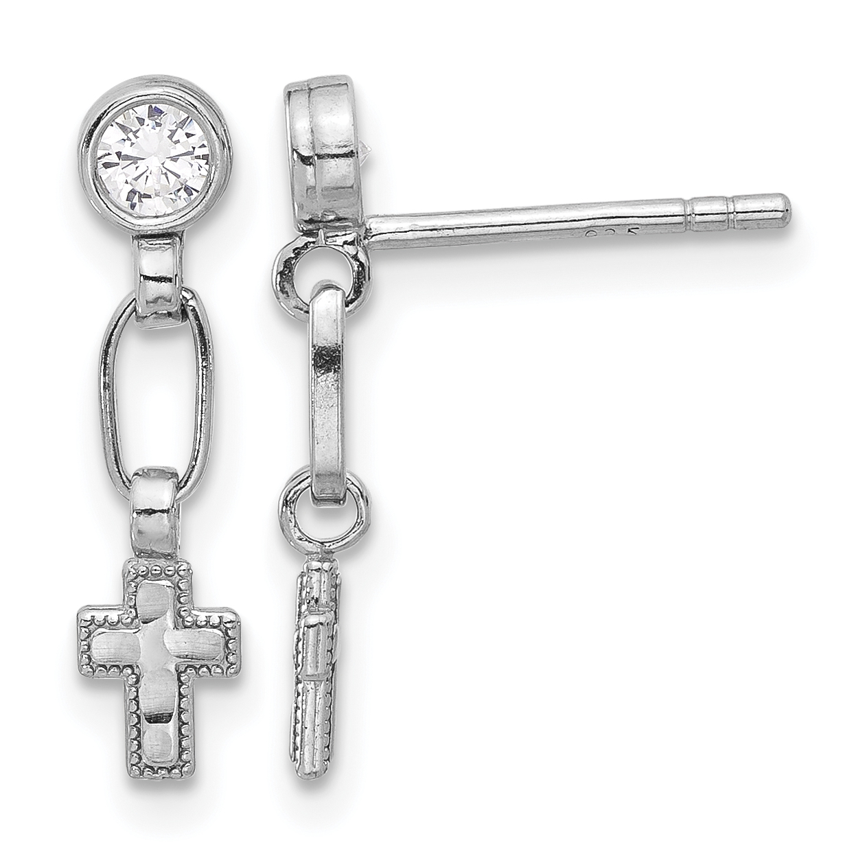 Sterling Silver RH-plated Polished & Textured CZ Cross Post Dangle Earrings (QE17692)