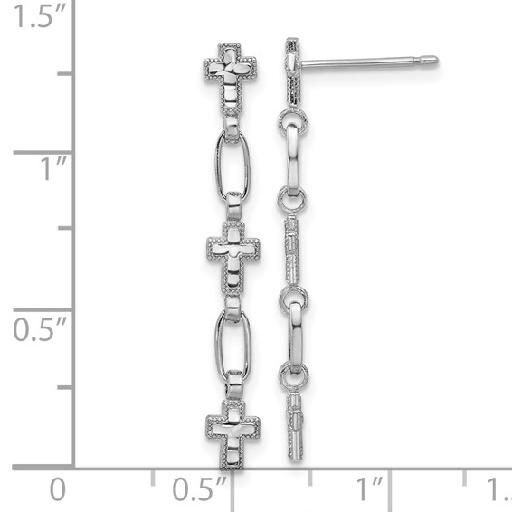 Sterling Silver RH-plated Polished & Textured Cross Post Dangle Earrings