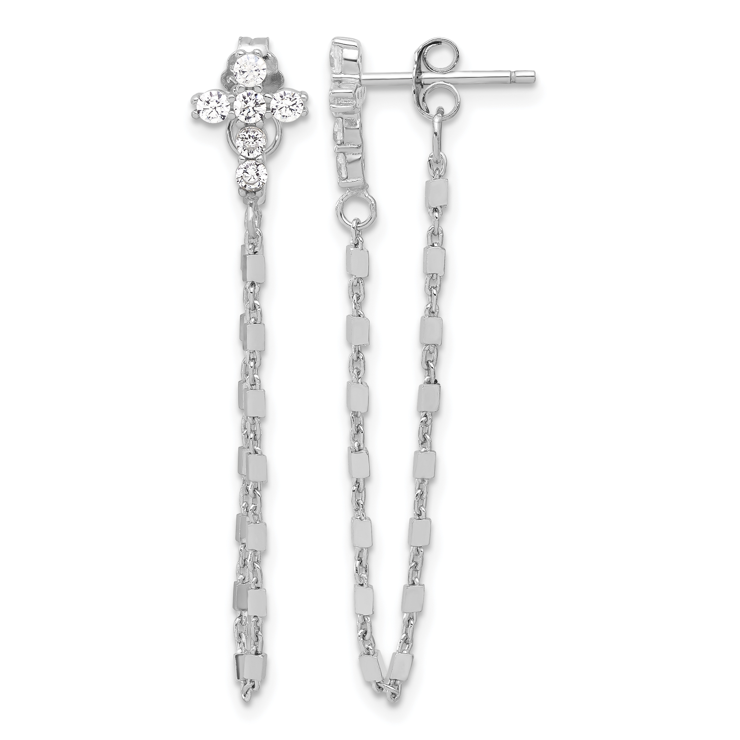 Sterling Silver RH-pltd CZ Cross w/Chain Front & Back Post Dangle Earrings (QE17694)