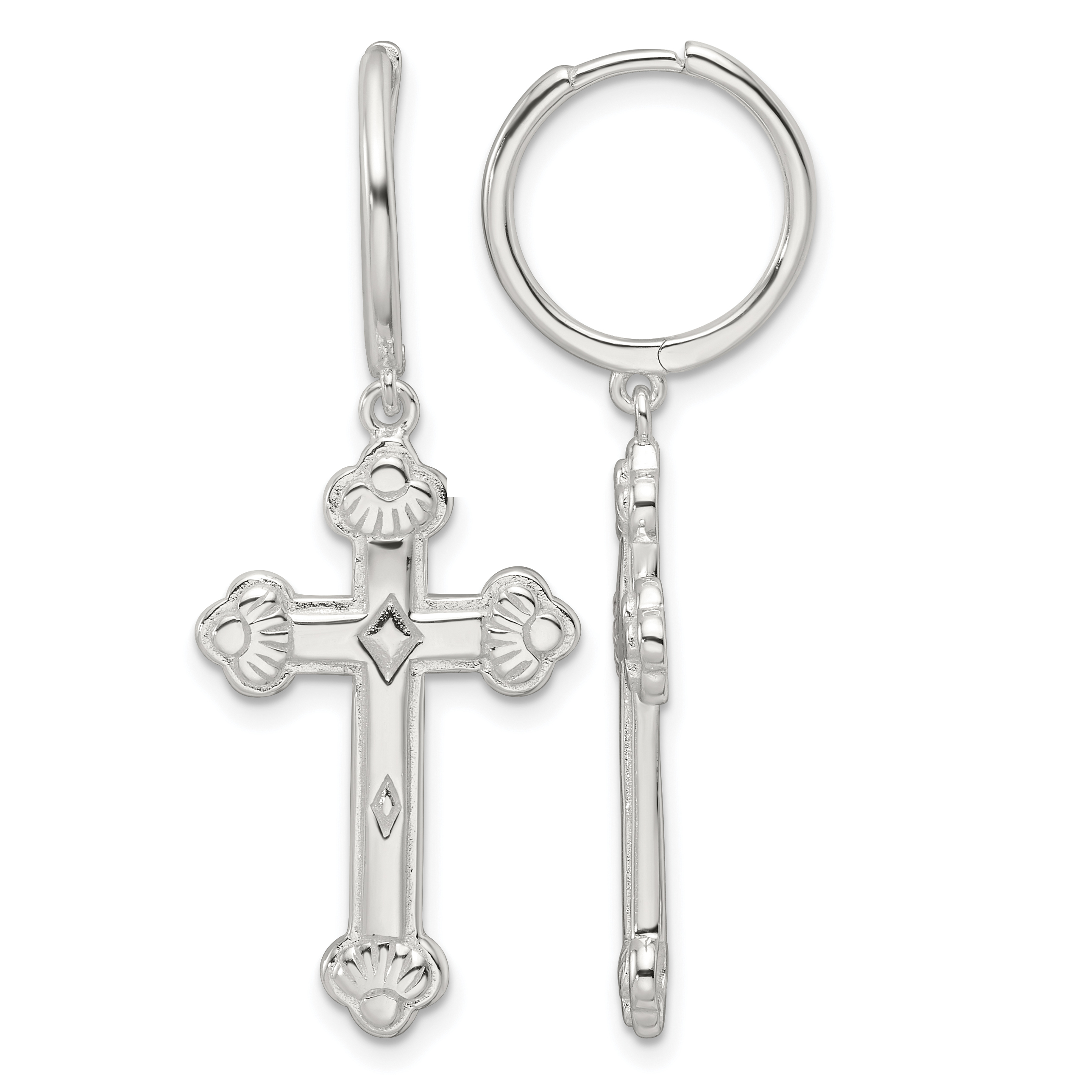 Sterling Silver E-Coating Polished Dangle Cross Round Hoop Earrings (QE17695)