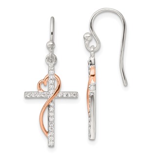 Sterling Silver & Rose-tone Polished CZ Heart Cross Dangle Earrings
