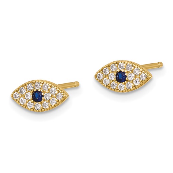 Sterling Silver Gold-tone CZ & Synthetic Blue Spinel Evil Eye Post Earrings