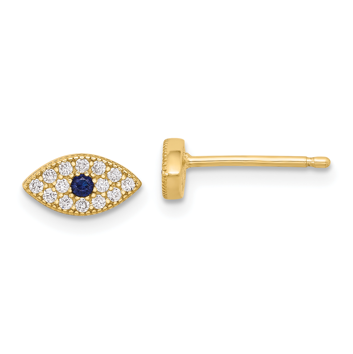Sterling Silver Gold-tone CZ & Synthetic Blue Spinel Evil Eye Post Earrings (QE17699)