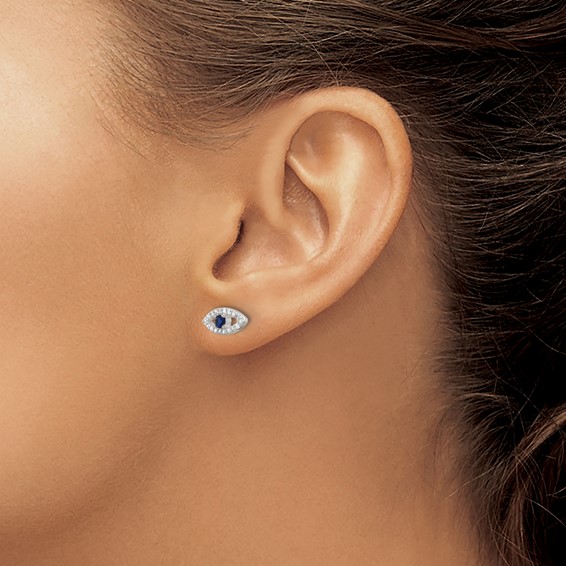 Sterling Silver E-Coating Polished Blue & White CZ Evil Eye Post Earrings