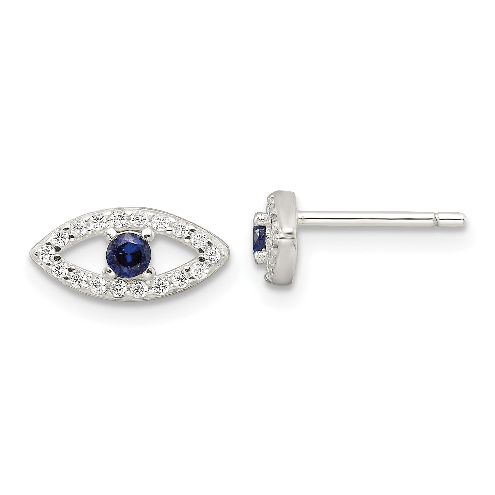 Sterling Silver E-Coating Polished Blue & White CZ Evil Eye Post Earrings (QE17700)